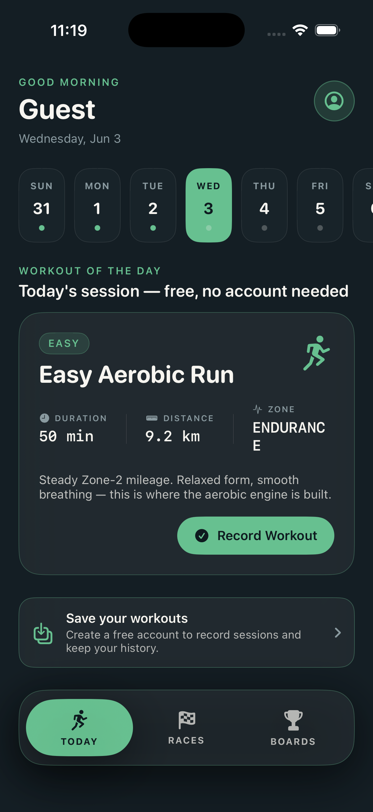 The Bowden iPhone app showing today's Workout of the Day — an easy aerobic run with duration, distance and intensity zone.
